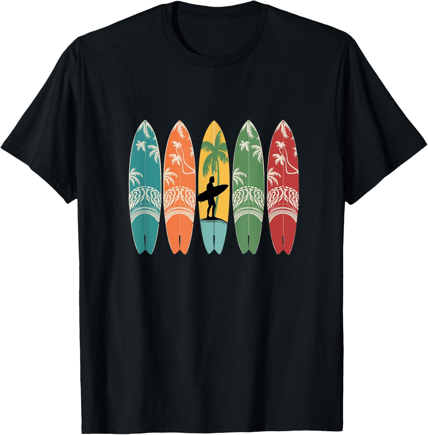 Colourful Surfboard Men Women Kids Surfer Surfboard , black T-Shirt - T-Shirt | Black