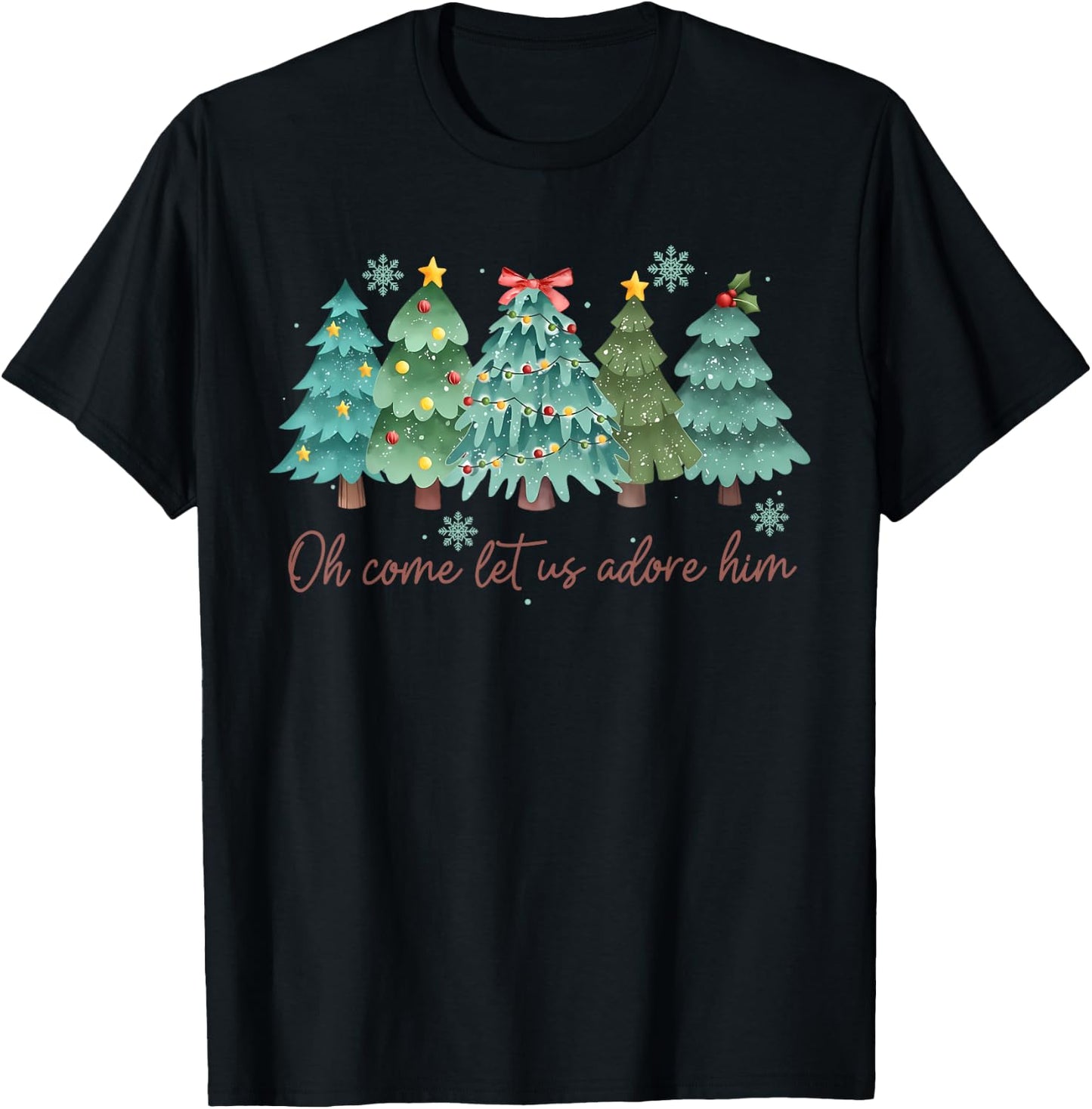 Oh Come Let US Adore Him Funny Christian Christmas Tree Bow T-Shirt - T-Shirt | Black