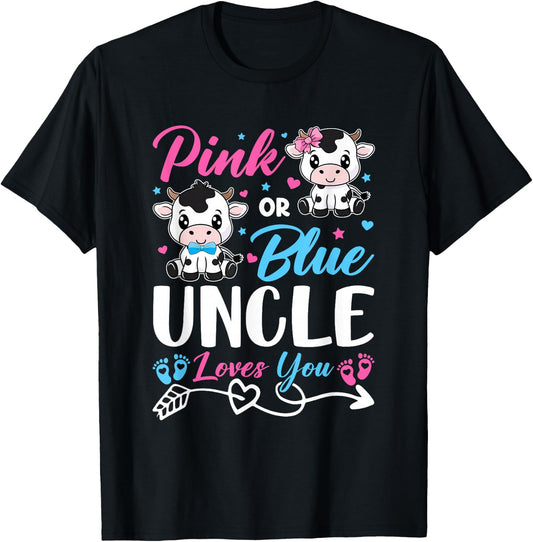 Pink Or Blue Uncle Loves You Cow Baby Gender Reveal Baby T-Shirt - T-Shirt | Black