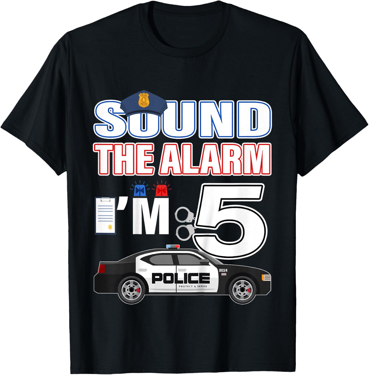 Kids Police Car 5th Birthday Boy 5 year old Cop Policeman Officer T-Shirt - T-Shirt | Black