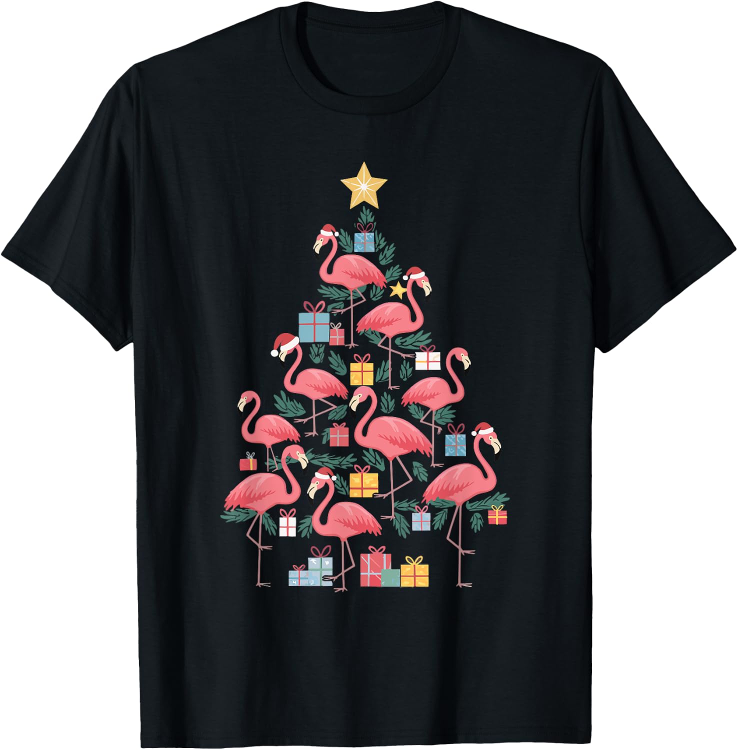 Flamingo Christmas Tree T-Shirt - T-Shirt | Black