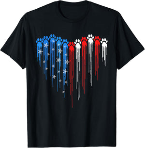Dripping Heart Dog Paw 4th Of July USA Flag Dog Paw Print Men Women Kids T-Shirt - T-Shirt | Black