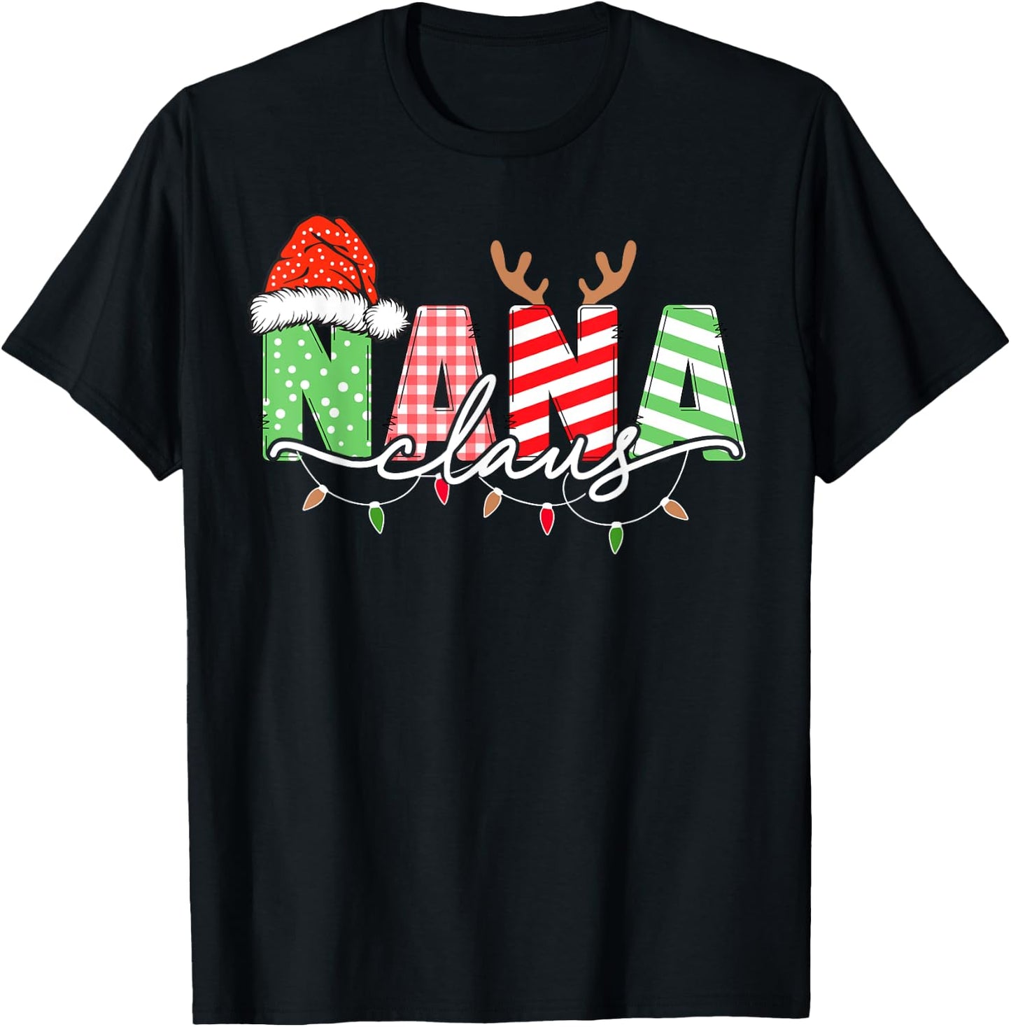 Nana Claus Xmas Christmas Lights Pajama Family Matching T-Shirt - T-Shirt | Black