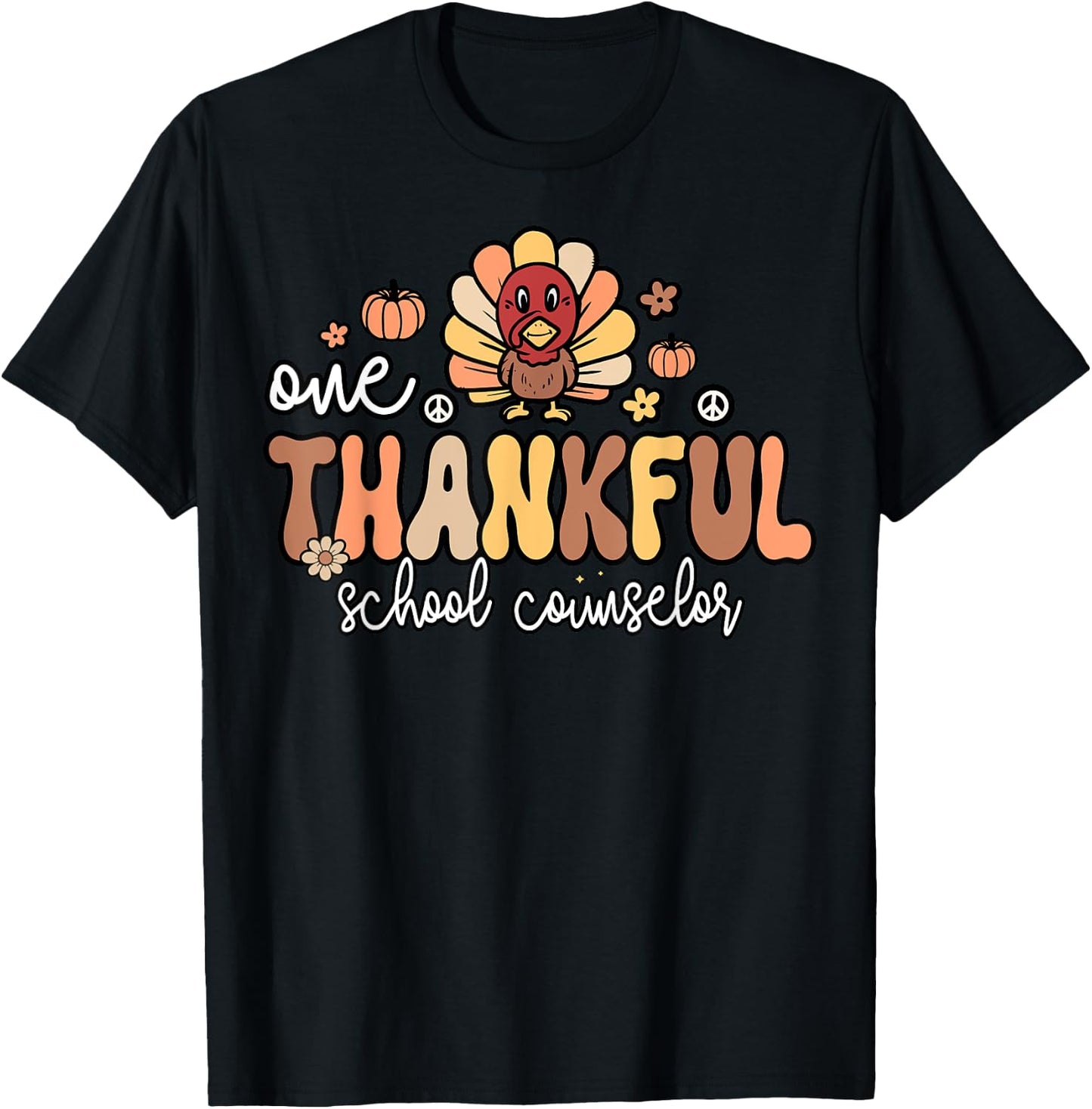 One Thankful School Counselor Groovy Thanksgiving Counselor T-Shirt - T-Shirt | Black