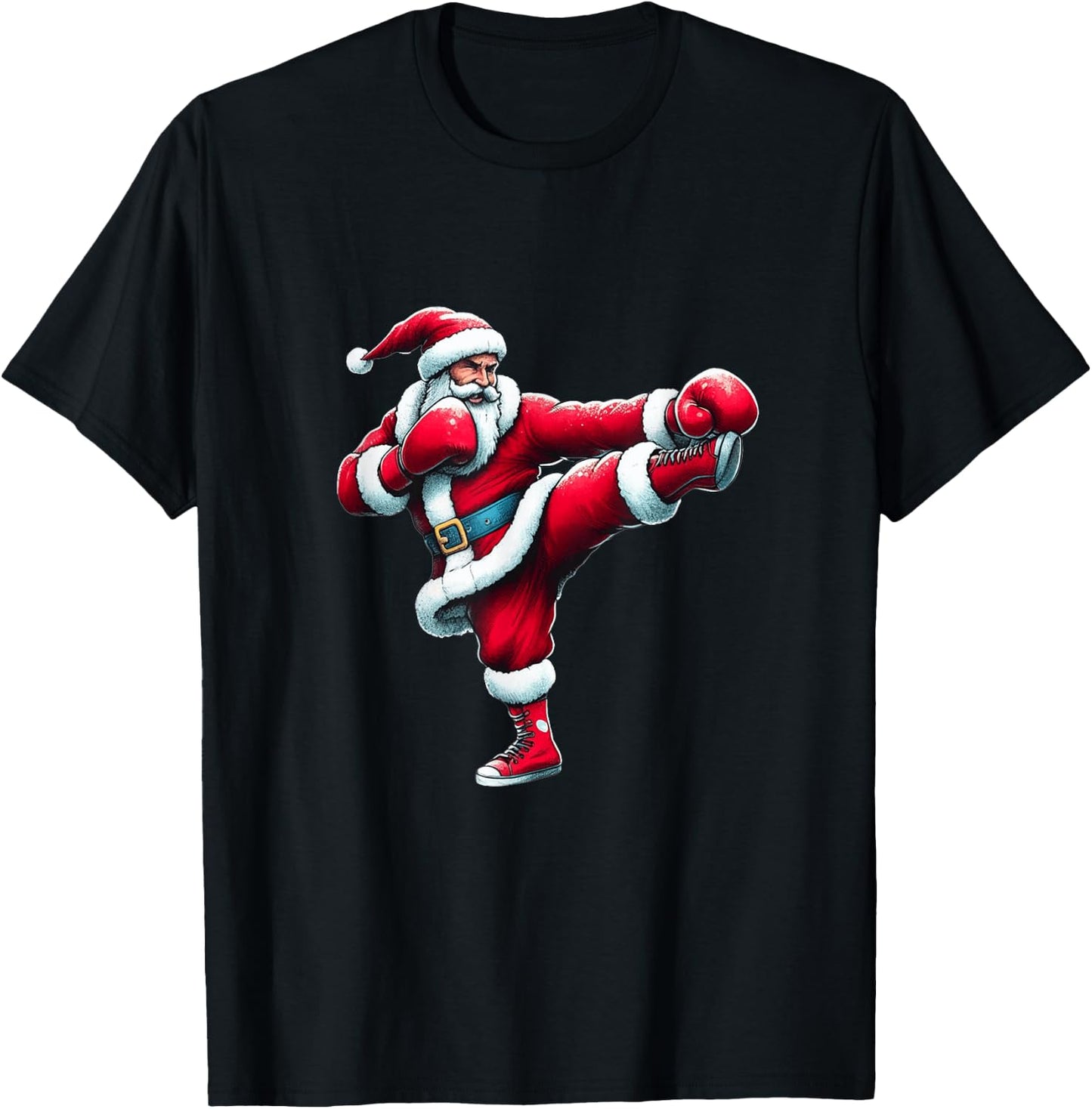 Santa Kickboxing Boxing Kicking Cool Sports Christmas Pajama T-Shirt - T-Shirt | Black