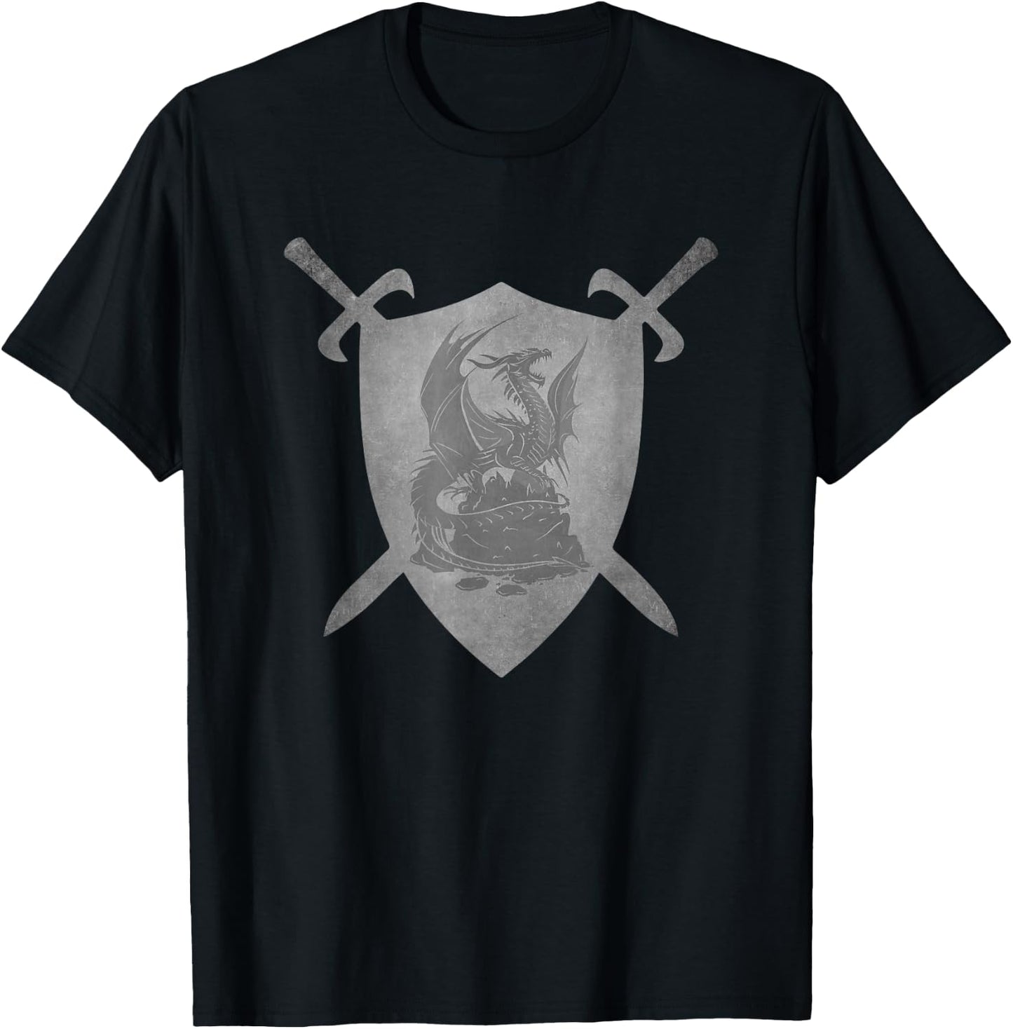 Dragon Crossed Swords Shield Medieval Heraldry Art Graphic T-Shirt - T-Shirt | Black