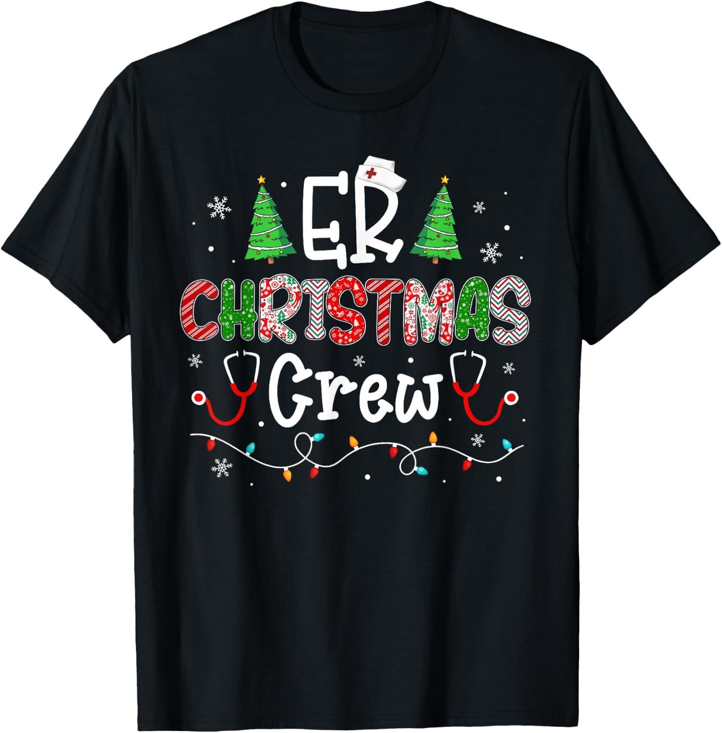 ER Nurse Christmas Apparel -Adults Christmas Cartoon Women's Black Crew Collar Modern Classic Small T-Shirt - T-Shirt | Black