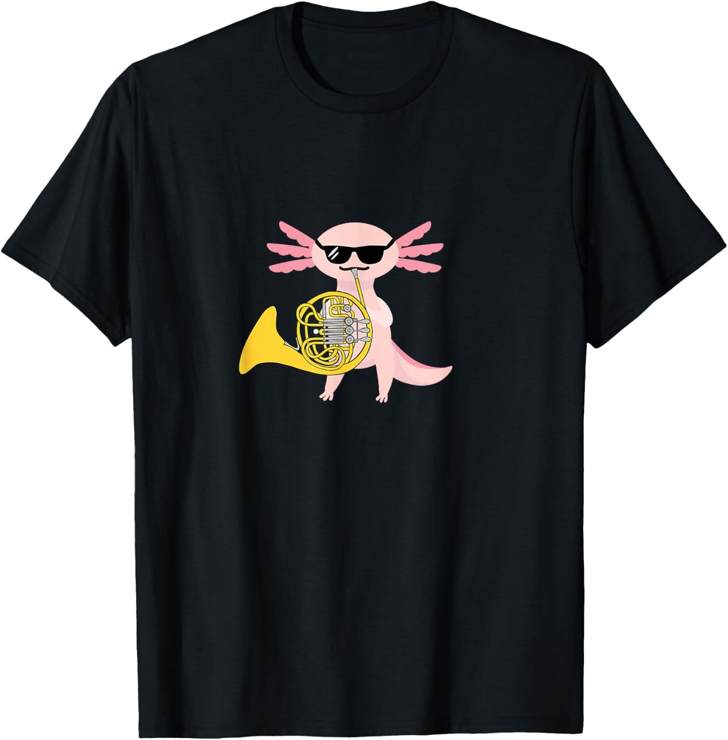 Funny Axolotl Wearing Sunglasses Playing French Horn T-Shirt - T-Shirt | Black