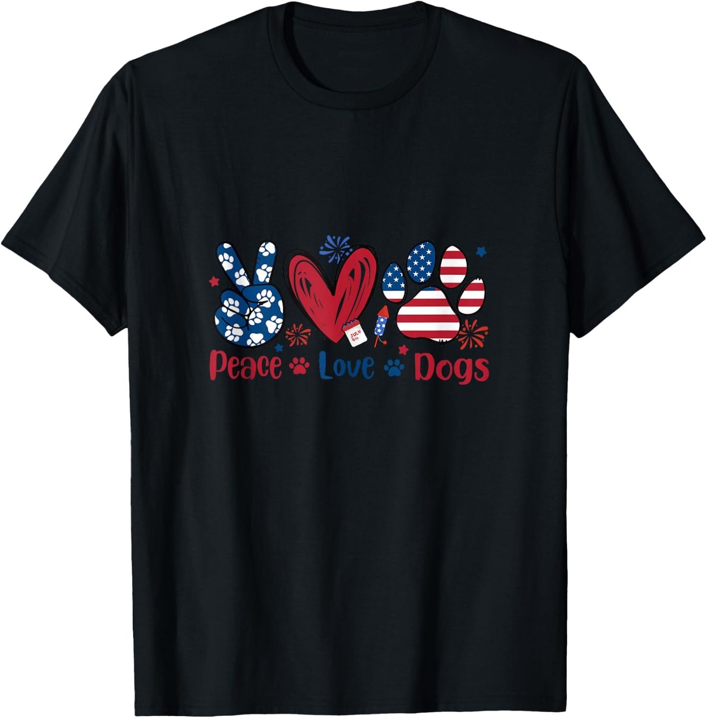 Peace Love Dog Cute Dog Paw Print American Flag 4th Of July T-Shirt - T-Shirt | Black