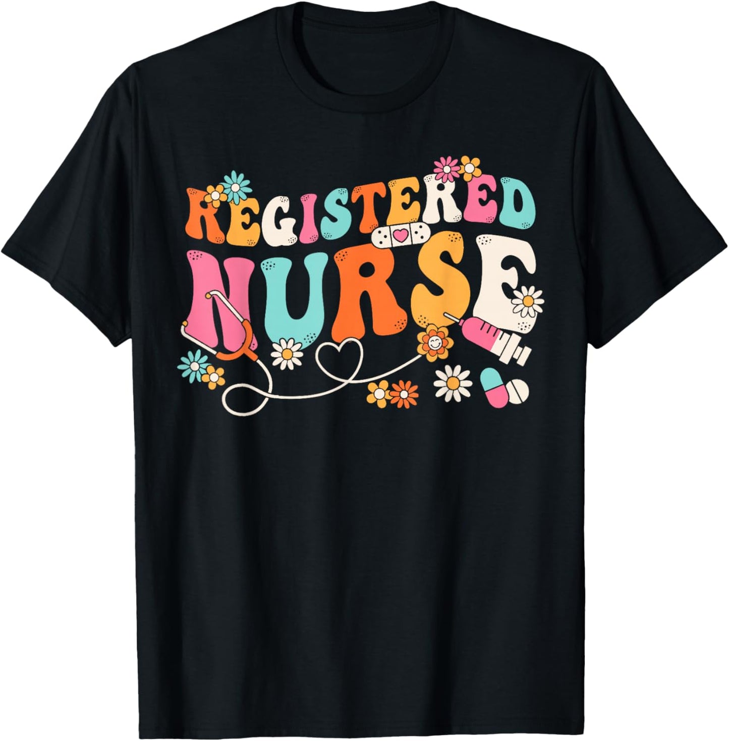Groovy RN Registered Nurse Week Nursing Stethoscope Cute T-Shirt - T-Shirt | Black