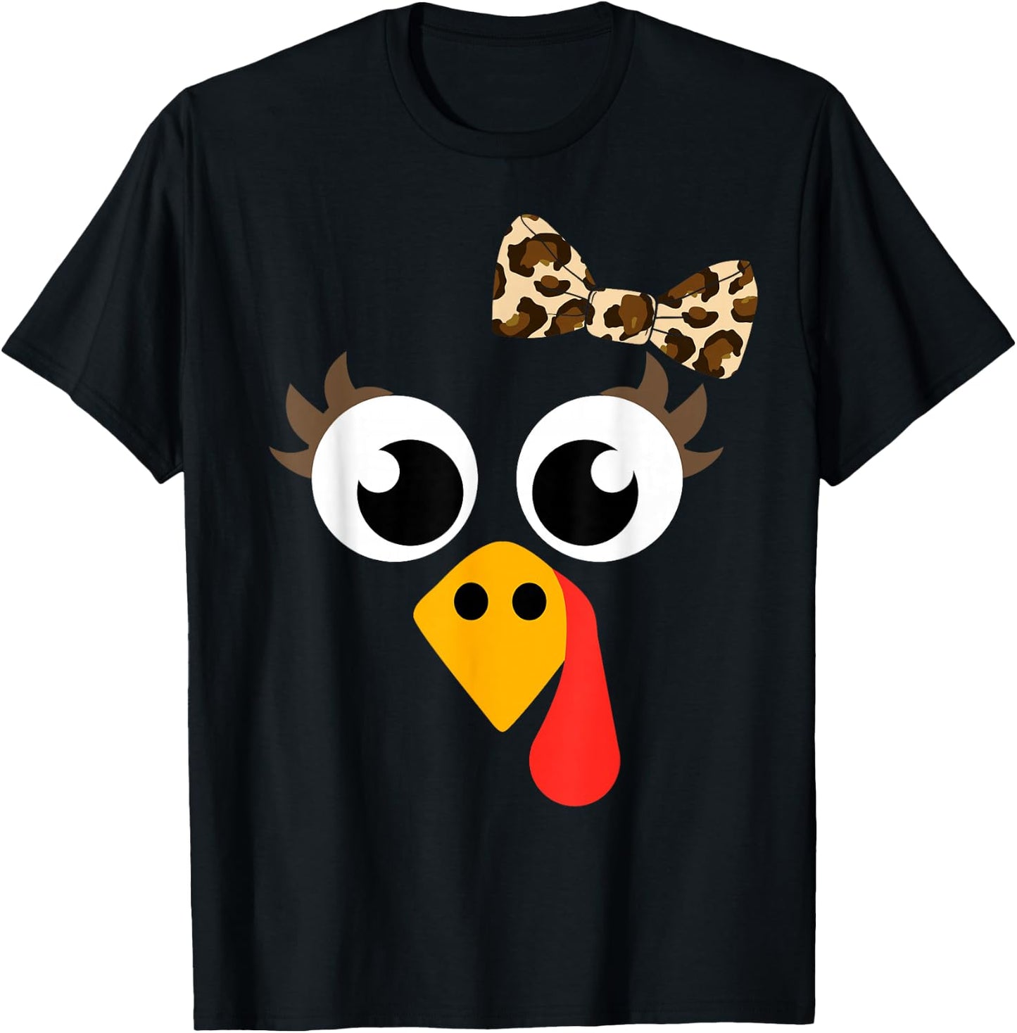 Cute Turkey face with Leopard Bow for Thanksgiving Girl T-Shirt - T-Shirt | Black