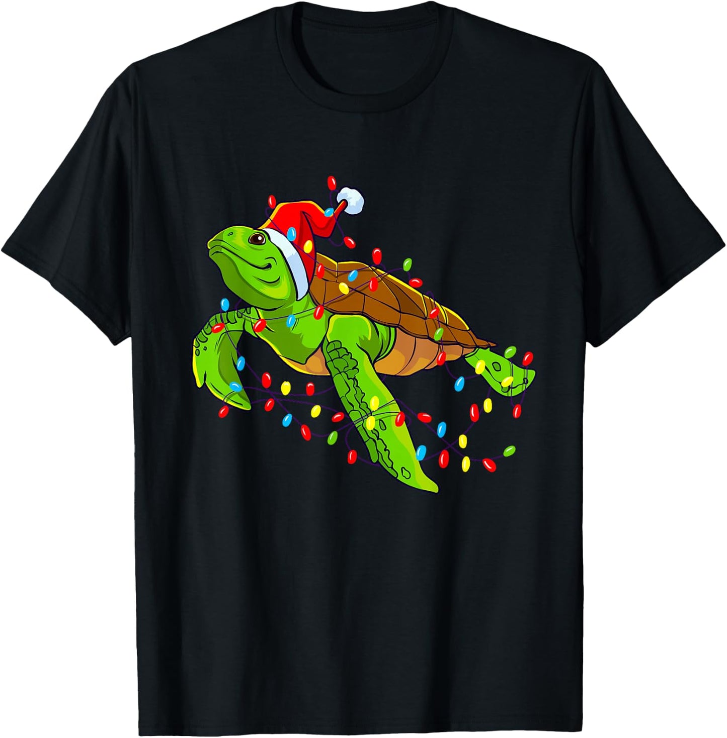 Sea Turtle Christmas Lights Funny Santa Hat Merry Christmas T-Shirt - T-Shirt | Black