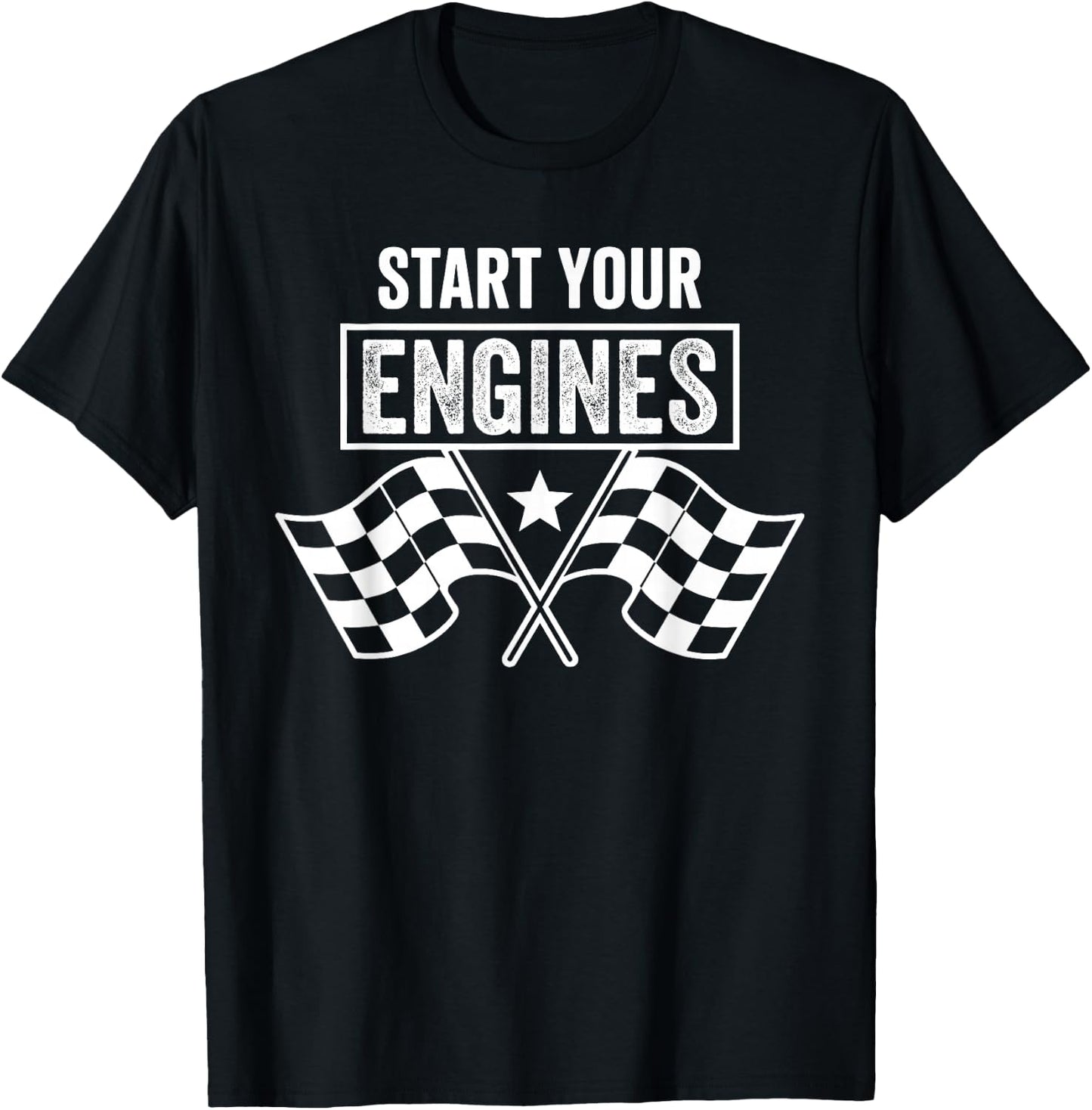 Start Your Engines Vintage Checkered Flag Race Car T-Shirt - T-Shirt | Black