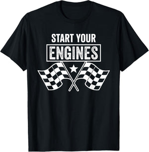 Start Your Engines Vintage Checkered Flag Race Car T-Shirt - T-Shirt | Black