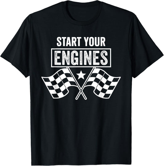 Start Your Engines Vintage Checkered Flag Race Car T-Shirt - T-Shirt | Black