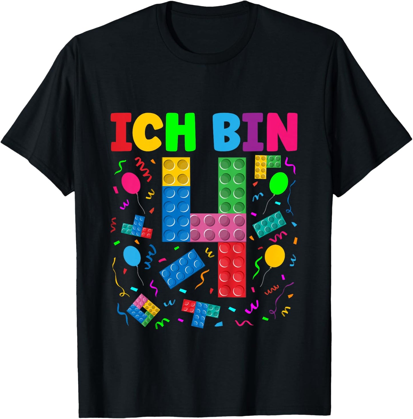 Children's with German Text "Ich bin 4 Building Blocks" 4th Birthday Boy Building Blocks, black T-Shirt - T-Shirt | Black