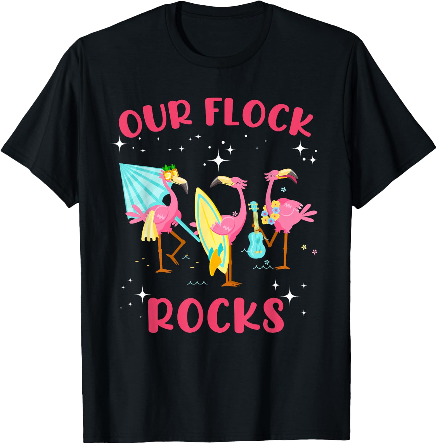 Our Flock Rocks Flamingo Matching Family Vacation Group T-Shirt - T-Shirt | Black
