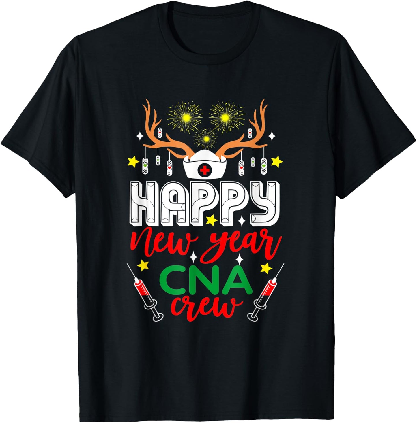 Funny Reindeer Horn Nurse Christmas Happy New Year CNA Crew T-Shirt - T-Shirt | Black