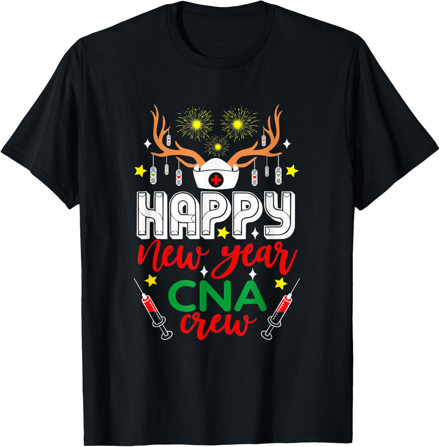 Funny Reindeer Horn Nurse Christmas Happy New Year CNA Crew T-Shirt - T-Shirt | Black