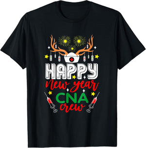 Funny Reindeer Horn Nurse Christmas Happy New Year CNA Crew T-Shirt - T-Shirt | Black