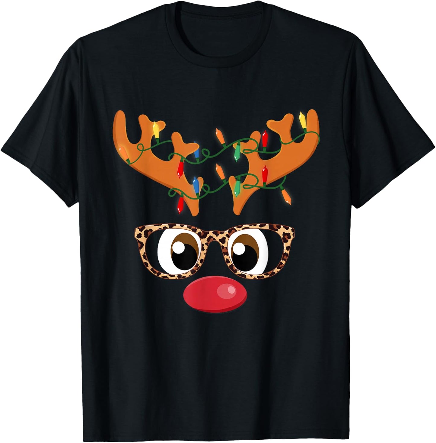 Reindeer Face Glasses Leopard Christmas Costume Girls T-Shirt - T-Shirt | Black