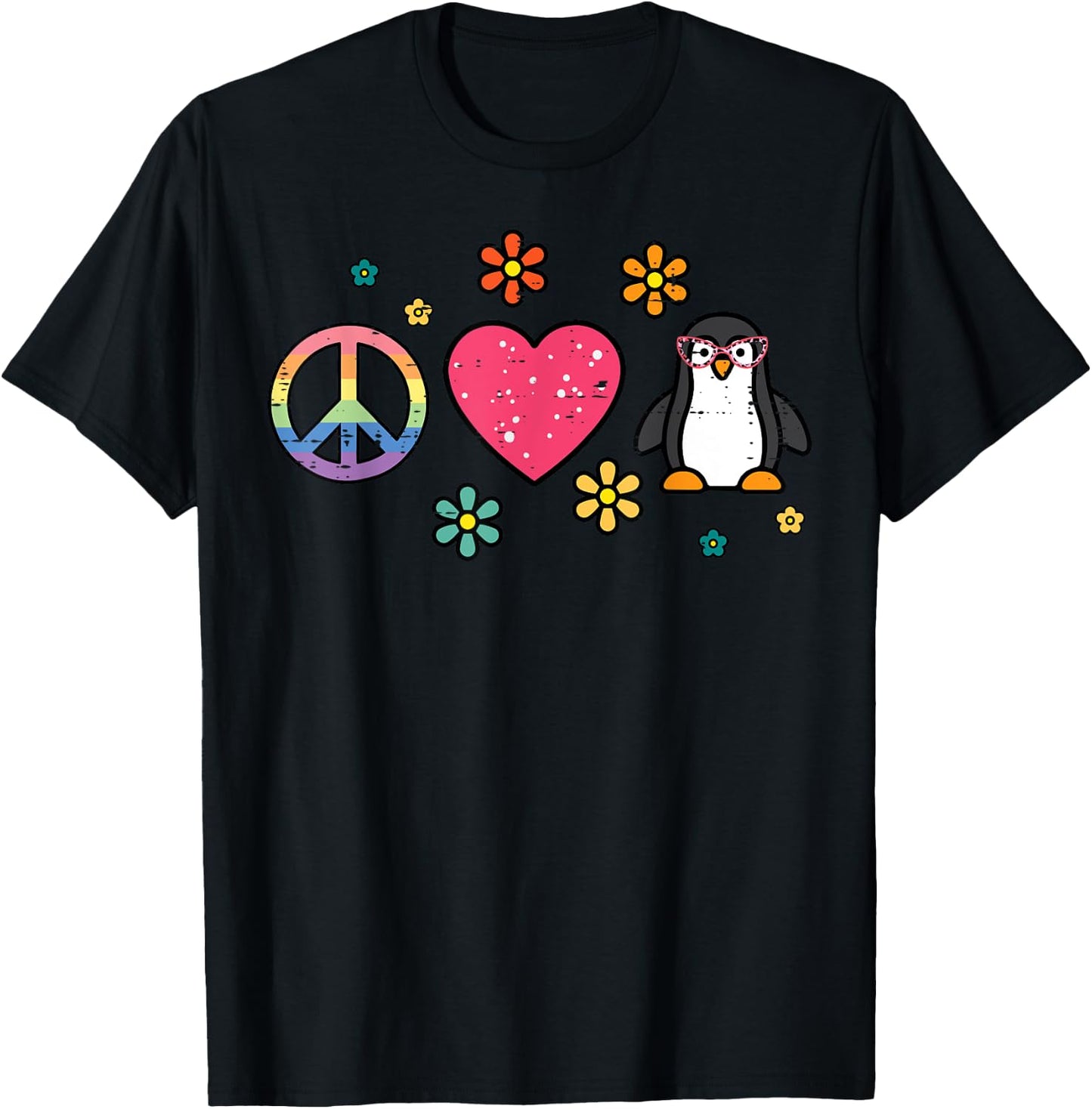 Peace Love Penguin Retro Groovy Hippie Women Girls Kids Men T-Shirt - T-Shirt | Black