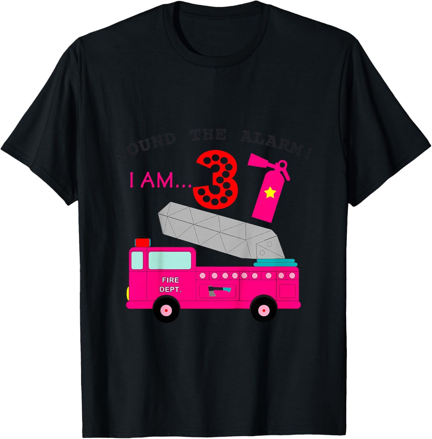 Birthday Girls 3 Pink Fire Truck Three Year Old Third Party T-Shirt - T-Shirt | Black