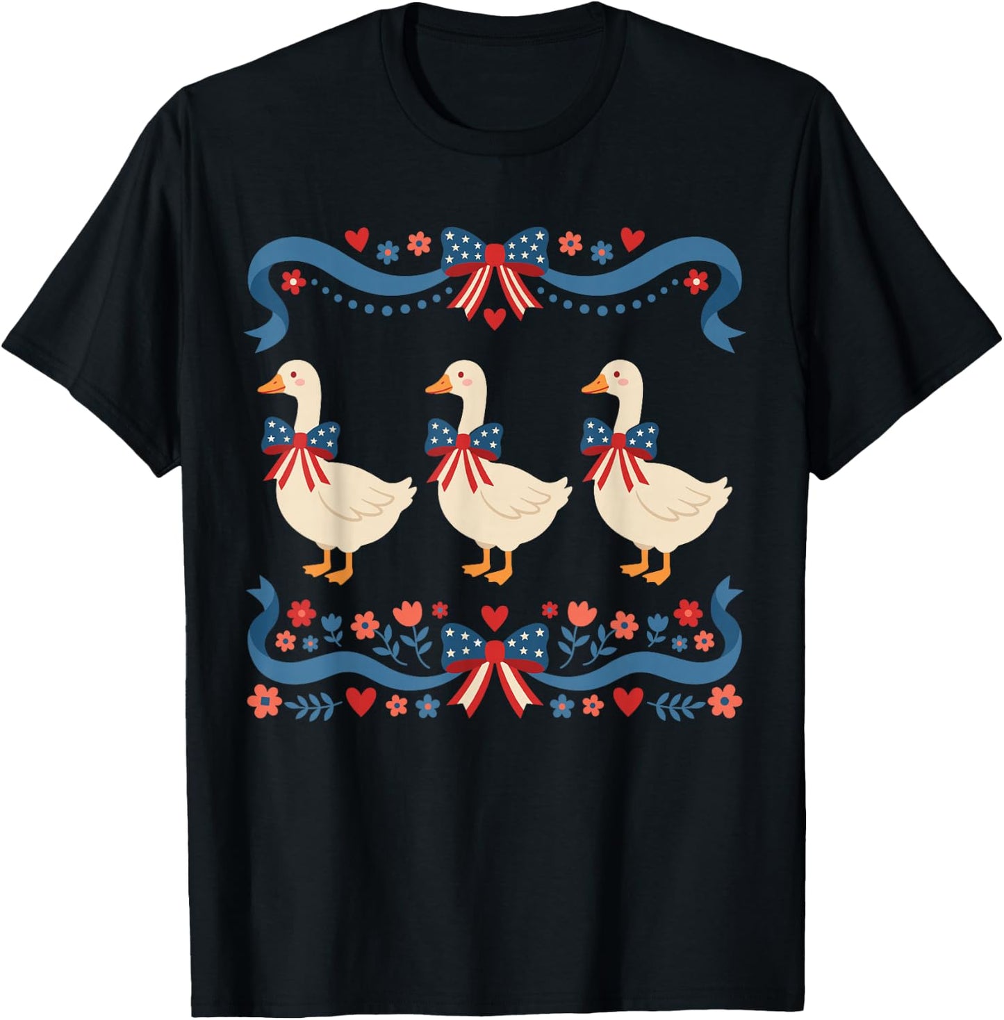 Patriotic Goose 4th of July Cute USA Vintage Coquette Bow T-Shirt - T-Shirt | Black