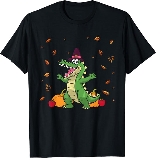 Thanksgiving Crocodiles Alligators Pilgrim Pumpkin Turkey T-Shirt - T-Shirt | Black