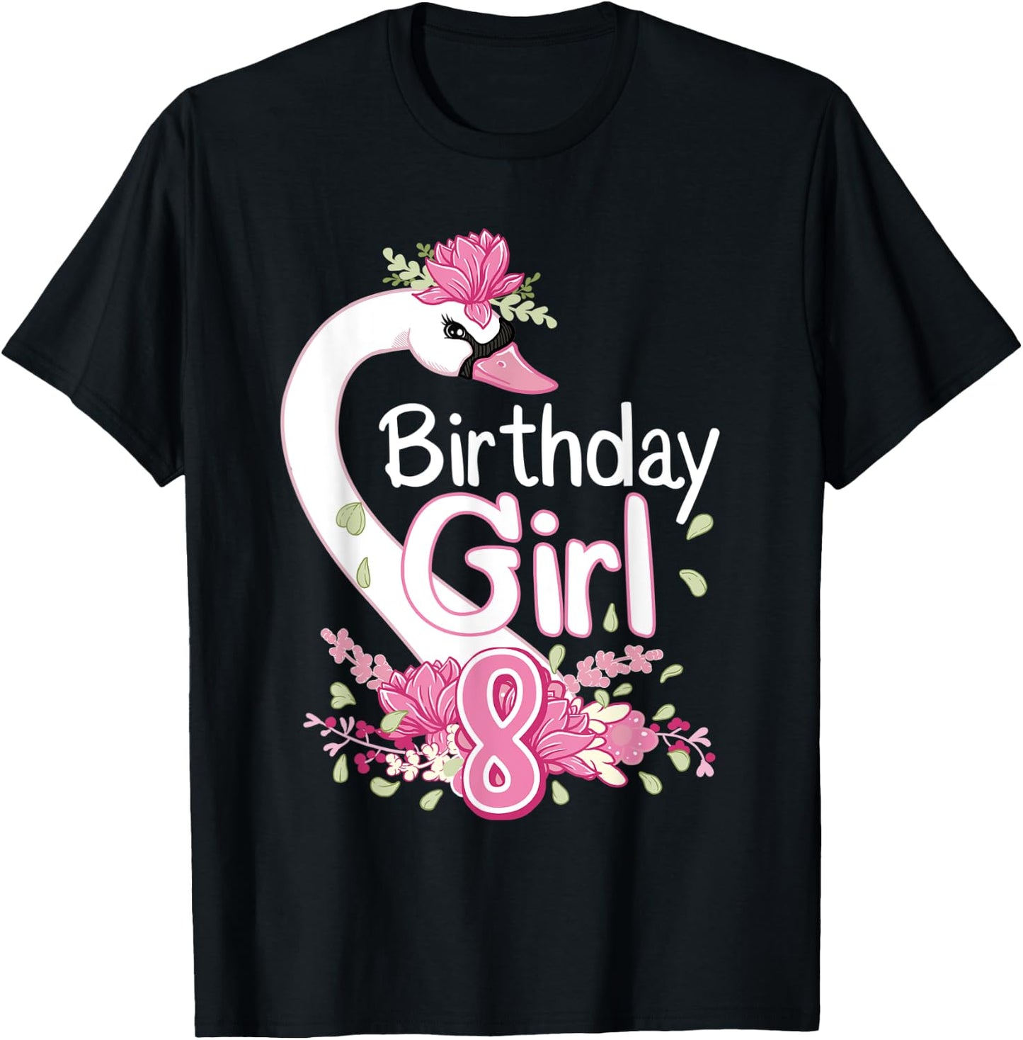 8th Birthday Wildlife Swan Animal 8 Year Old Birthday Girl T-Shirt - T-Shirt | Black