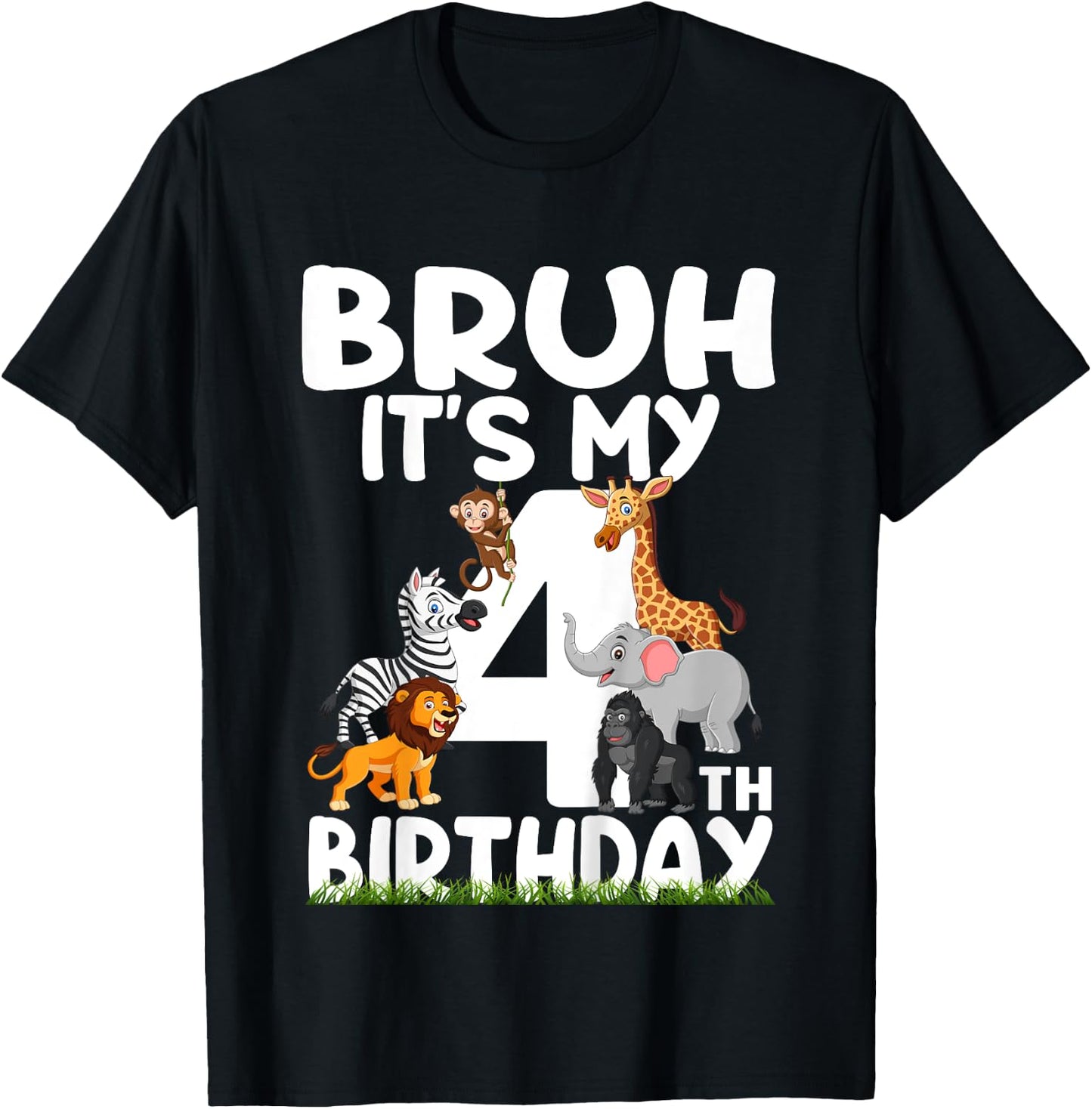 Kids Bruh It's My 4th Birthday Animals Jungle Safari 4 Year Old T-Shirt - T-Shirt | Black