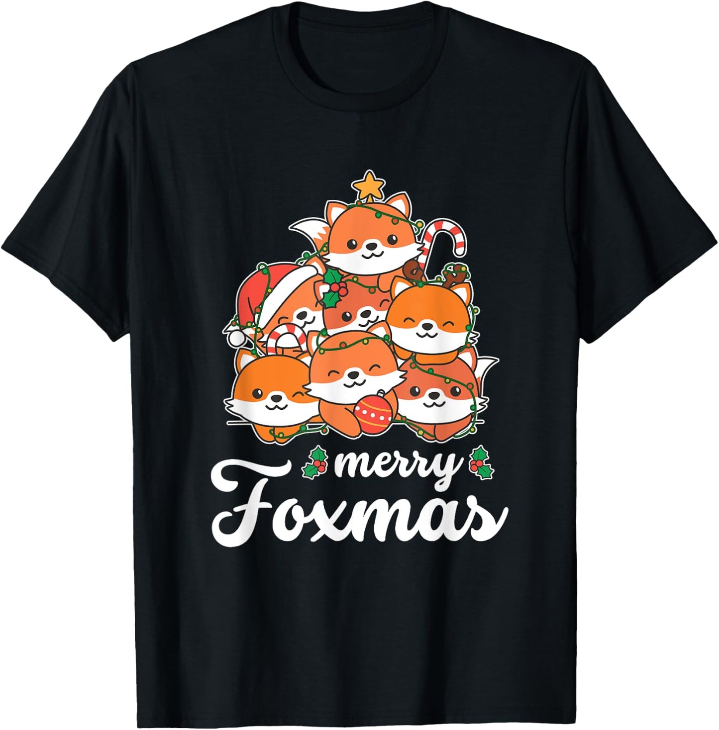 Merry Foxmas Pun Fox Christmas T-Shirt - T-Shirt | Black