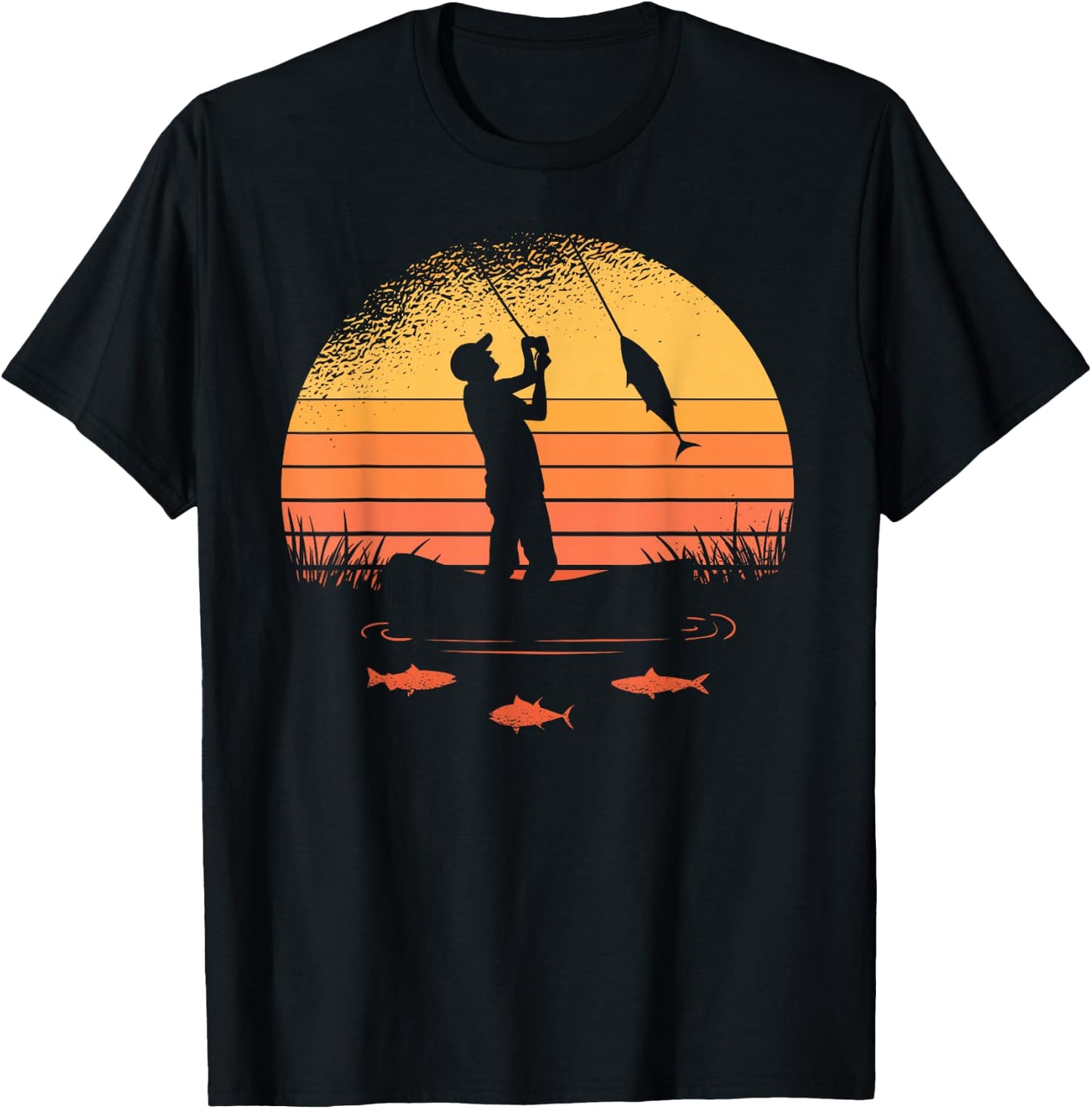 Angler with Sun and Fish Motif Women Children , black T-Shirt - T-Shirt | Black