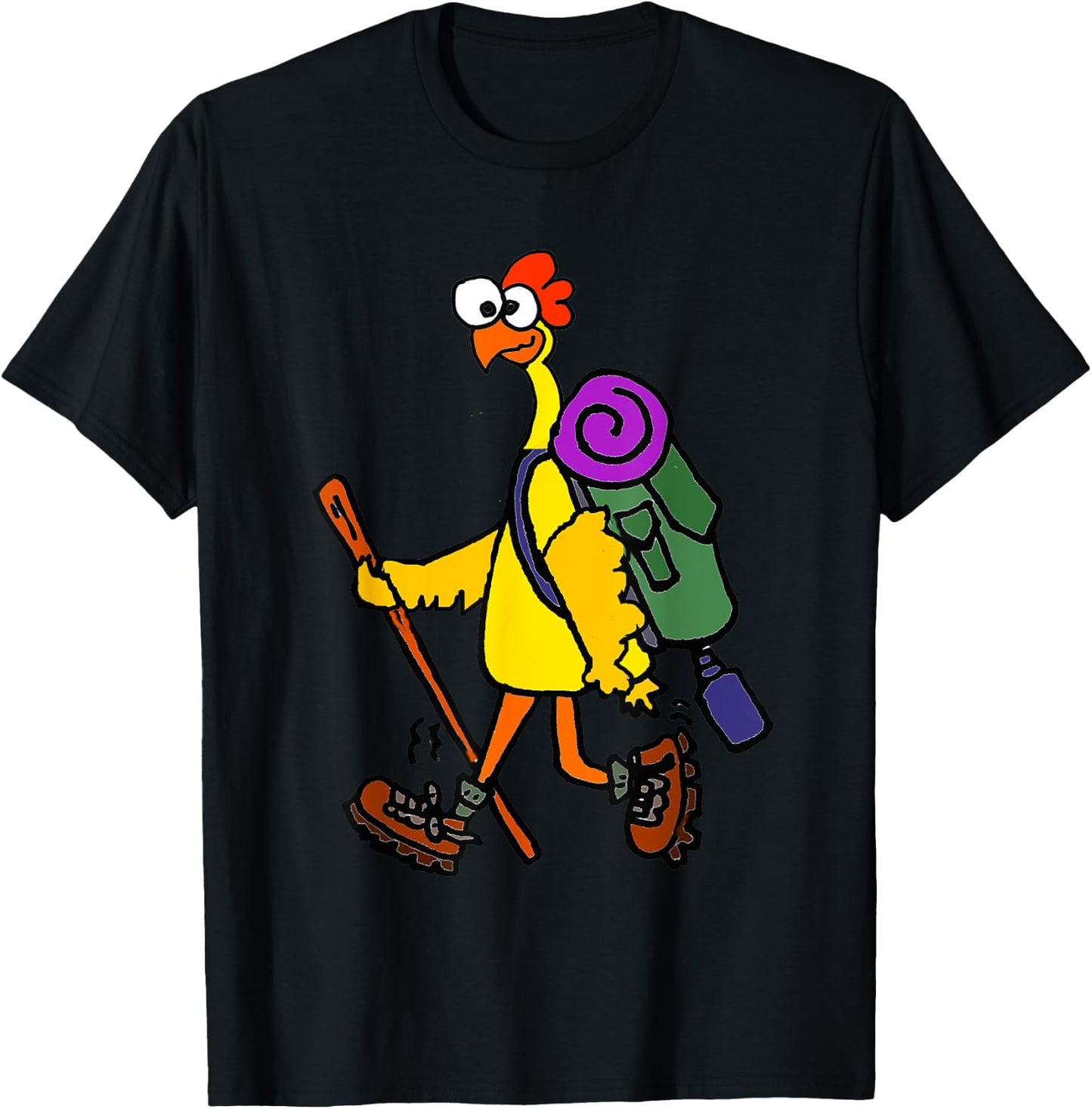 Smilealottees Funny Rubber Chicken Hiking Cartoon T-Shirt - T-Shirt | Black