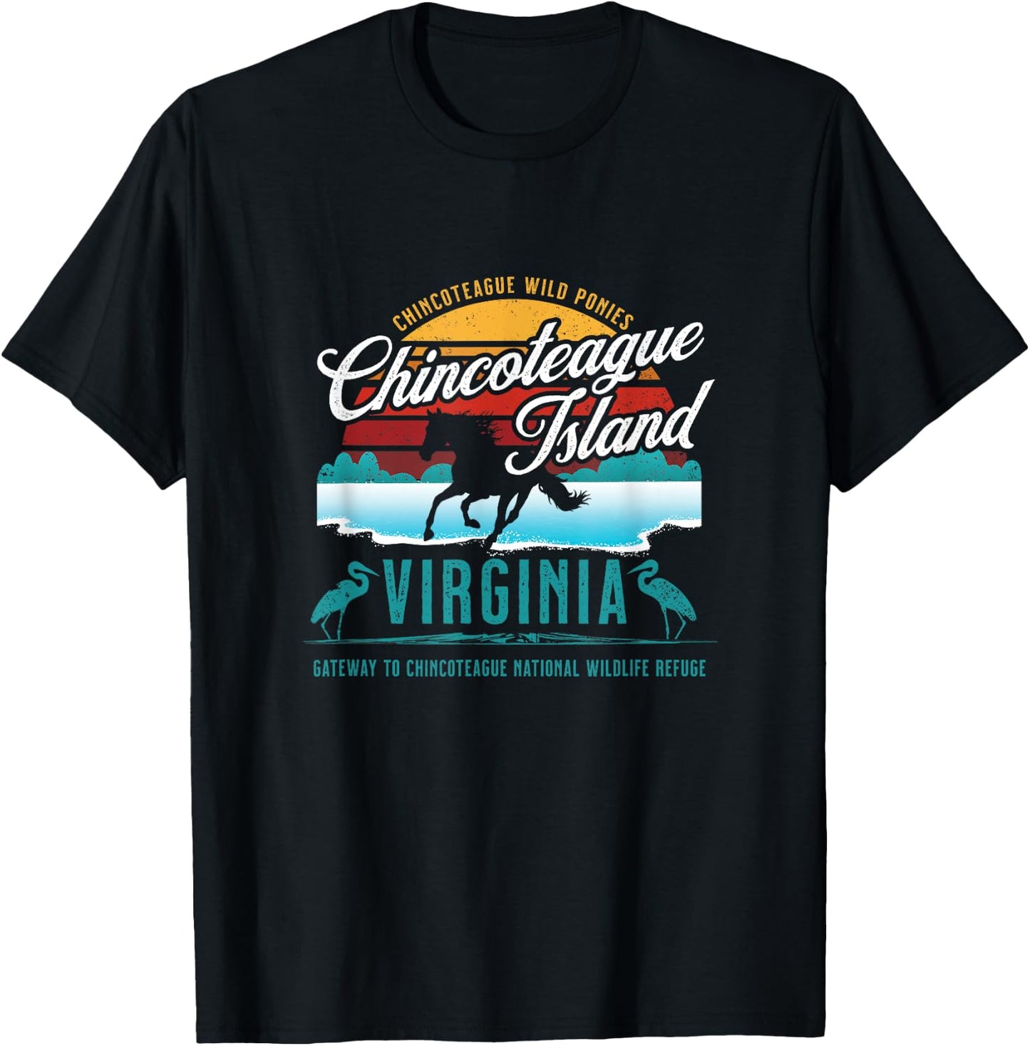 Chincoteague Island Virginia Wild Ponies Retro Sun Souvenir T-Shirt - T-Shirt | Black