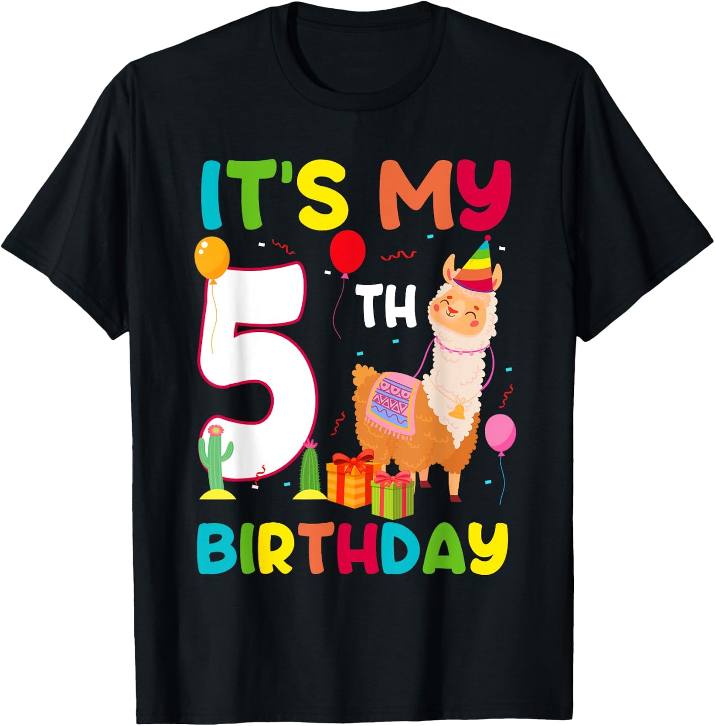 It's My 5th Birthday Cute Llama Alpaca 5 Year Old Birthday T-Shirt - T-Shirt | Black