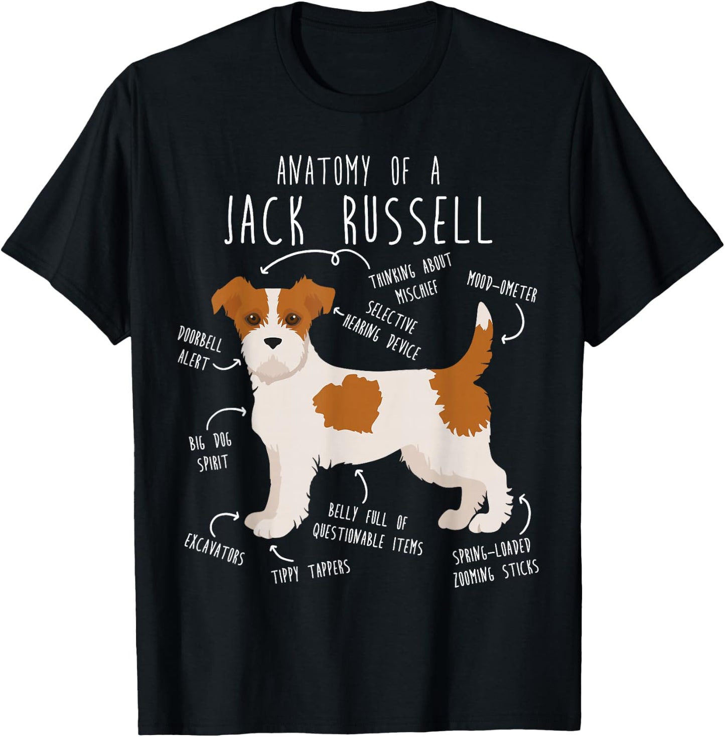 Broken Coat Jack Russell Terrier Anatomy, Cute Funny Pet JRT T-Shirt - T-Shirt | Black