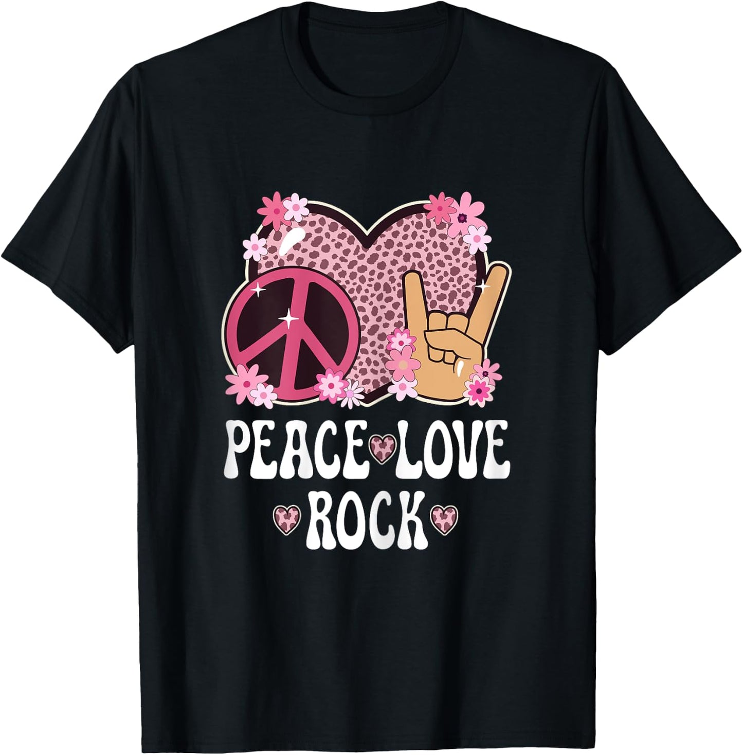 Peace Love Rock And Roll Cheetah Print Women Rock Outfit T-Shirt - T-Shirt | Black