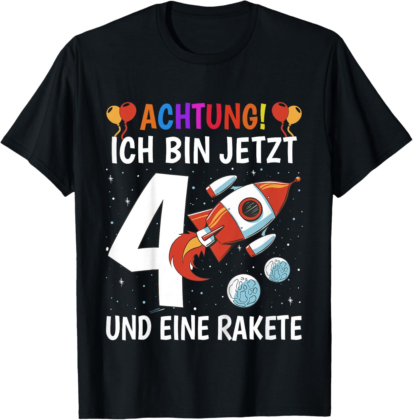 Children's 4th Birthday Boys 4 Years - Planets Space Rocket , black T-Shirt - T-Shirt | Black