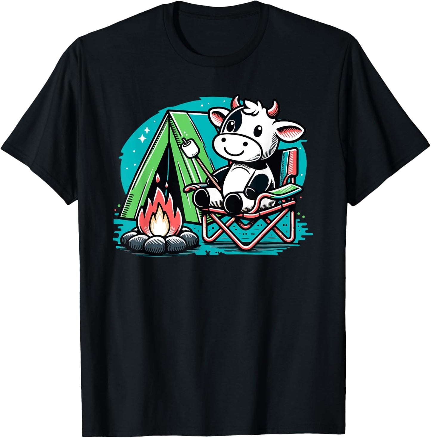 Cute Cow at the Campfire Funny S'more Camping T-Shirt - T-Shirt | Black