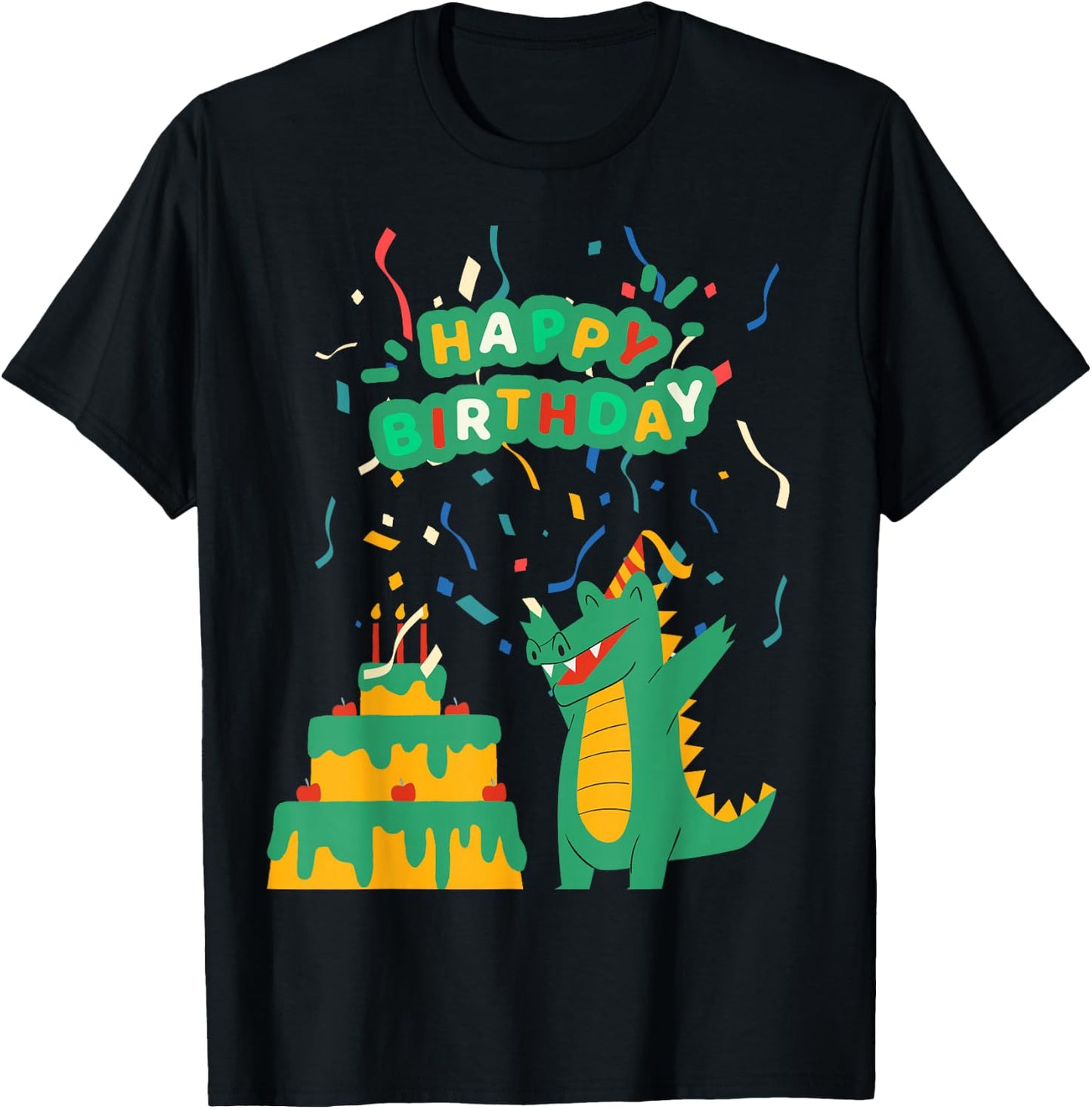 Happy Birthday Crocodile Alligator Cake Confetti Snap Party T-Shirt - T-Shirt | Black