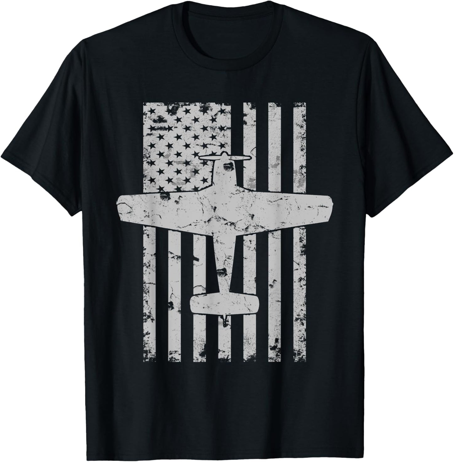Bonanza Airplane Patriotic Distressed Flag Pilot Women Kids Men T-Shirt - T-Shirt | Black