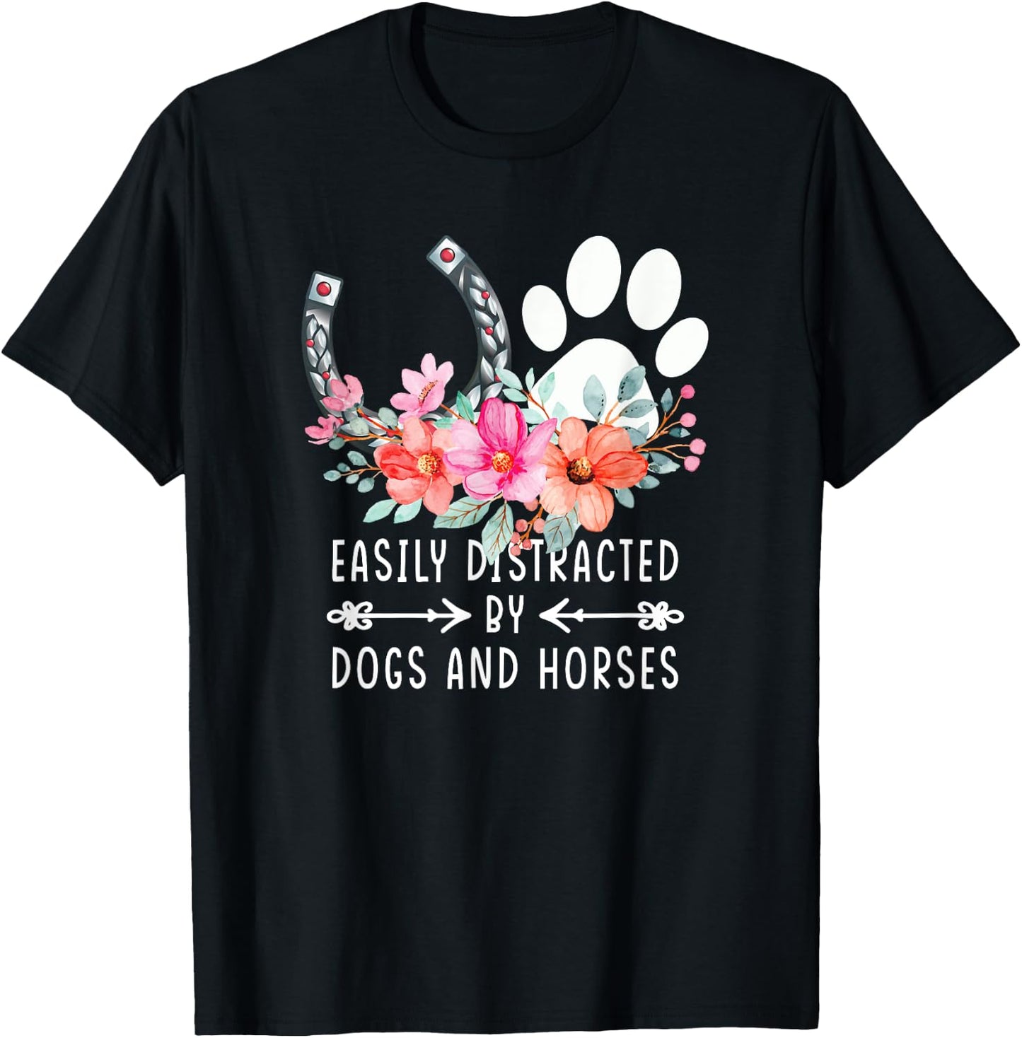 Easily Distracted By Dogs And Horses Xmas Gift T-Shirt - T-Shirt | Black