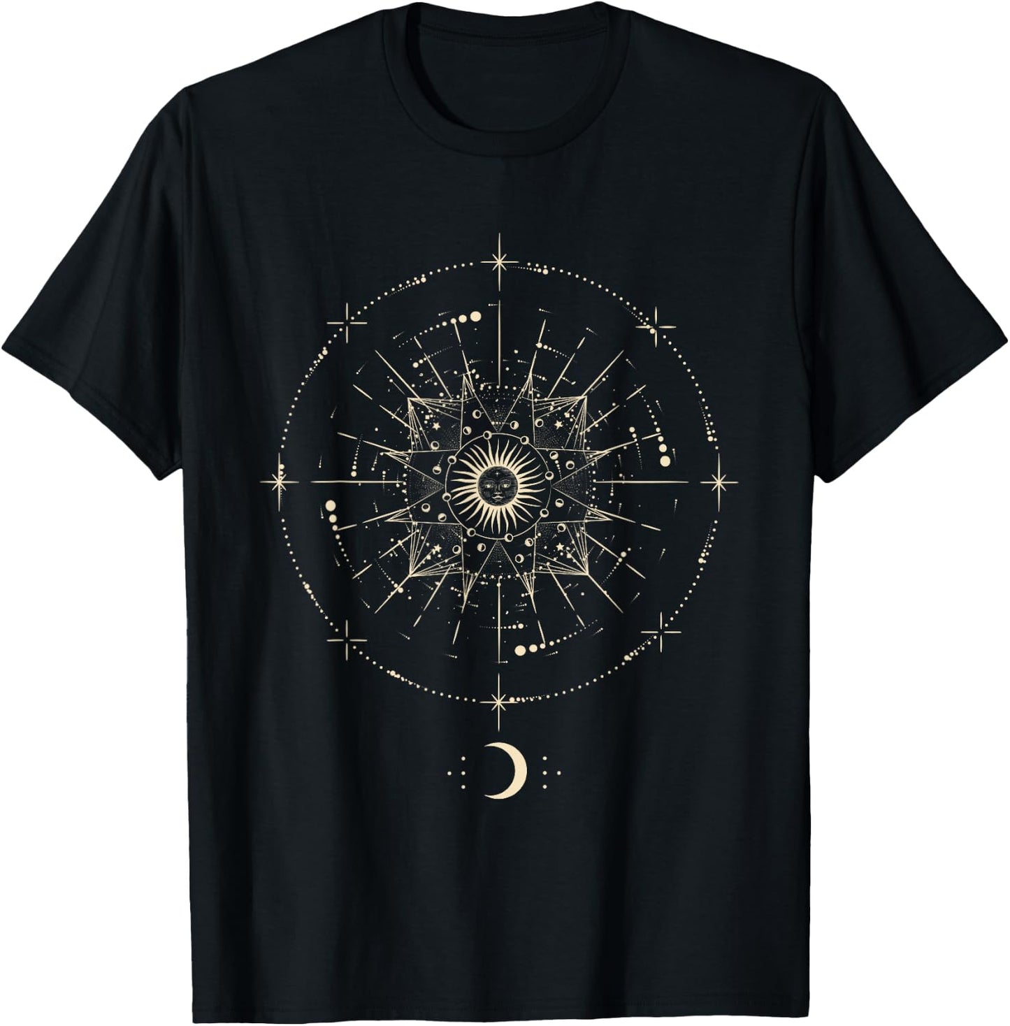 Boho Sun and Moon with Circular Esoteric Design , black T-Shirt - T-Shirt | Black