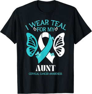 I Wear Teal And White For My Aunt Cervical Cancer butterfly T-Shirt - T-Shirt | Black