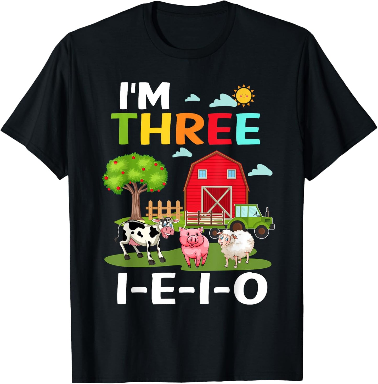 Three I E I O Farm Party 3rd Bday Girl 3 Years Old Farmer T-Shirt - T-Shirt | Black