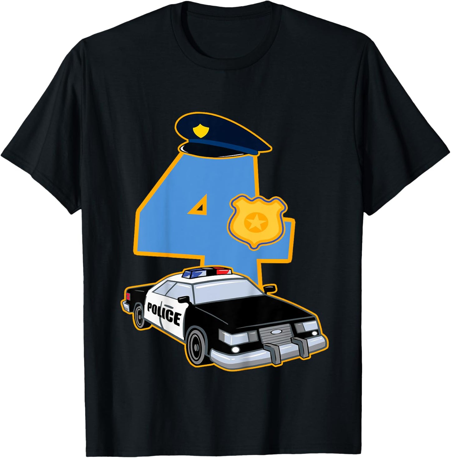 Kids 4th Birthday Police 4 Years Old Officer Car Costume T-Shirt - T-Shirt | Black