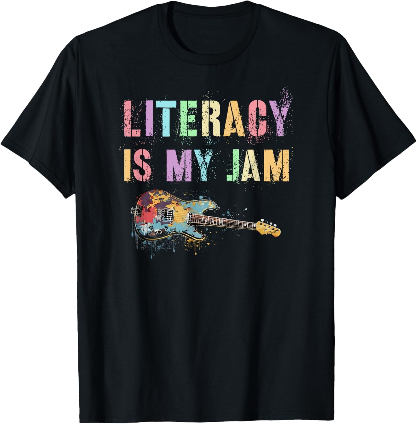 Vintage LITERACY IS MY JAM Teacher Library Rockstar Reading T-Shirt - T-Shirt | Black