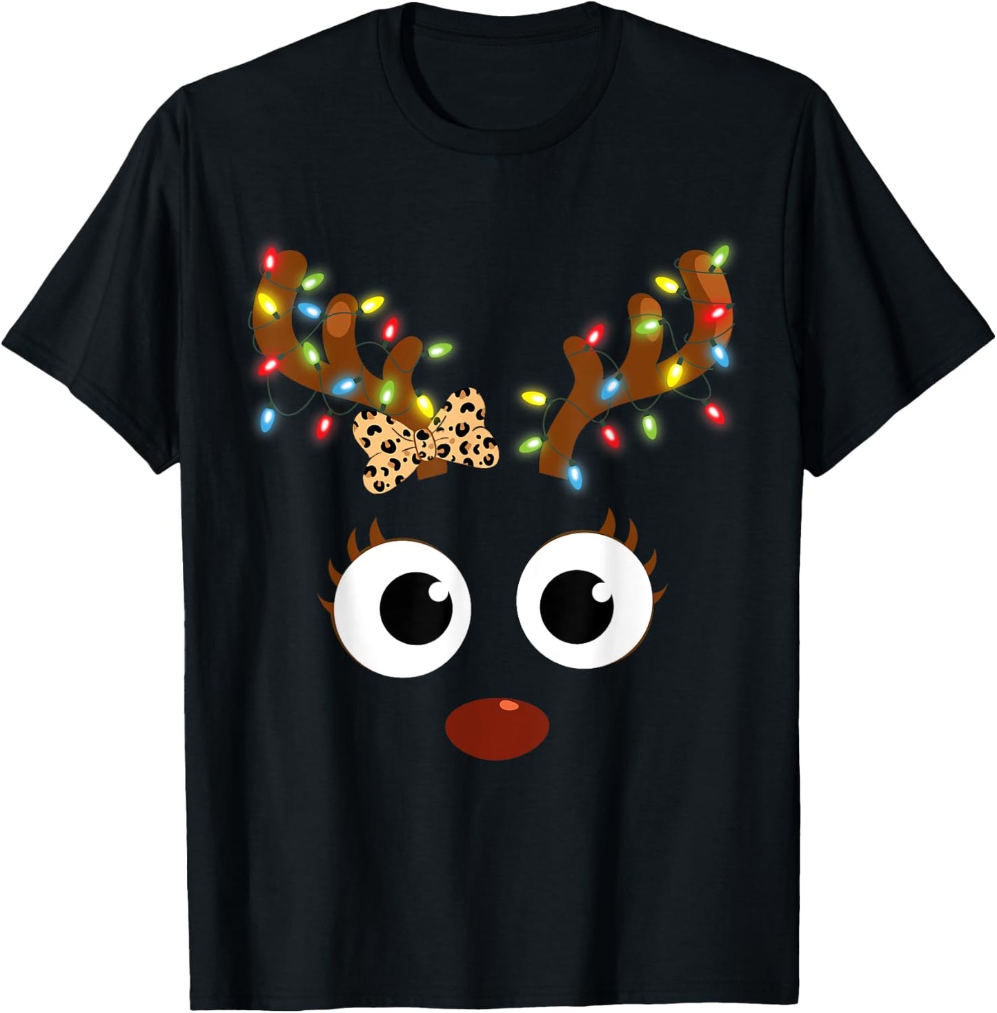 Reindeer Face Girl Leopard Bow Christmas Matching Family T-Shirt - T-Shirt | Black