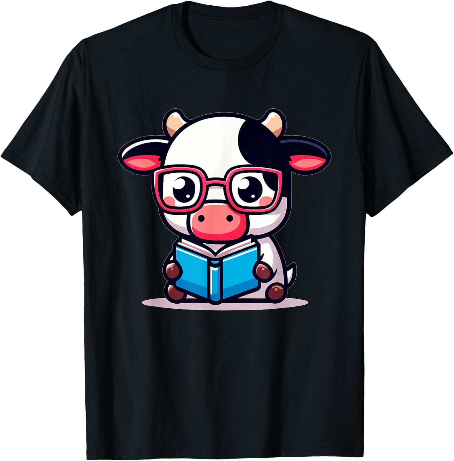 Adorable Book Lover Cow With Reading Glasses Cute T-Shirt - T-Shirt | Black